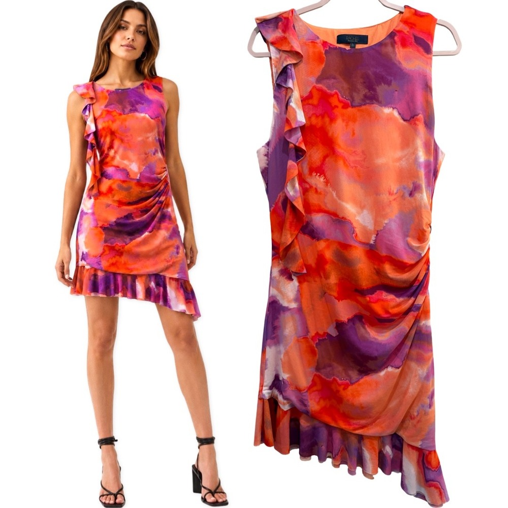 Rachel Roy Ruffle Mini Dress Multicolor XL Watercolor Mesh Ruched Asymmetrical